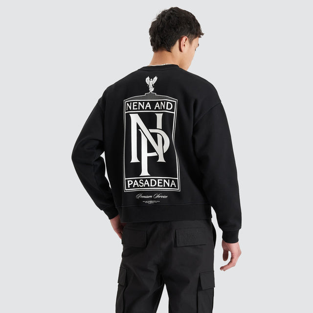 Model Wears Wright Heavy Box Fit Sweater Jet Black Jumpers in Black - Image 1