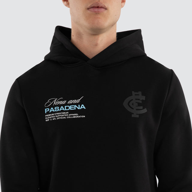 Model wears Carlton Blues AFL Recovery Hoodie Jet Black Hoodies in Black - Image 3