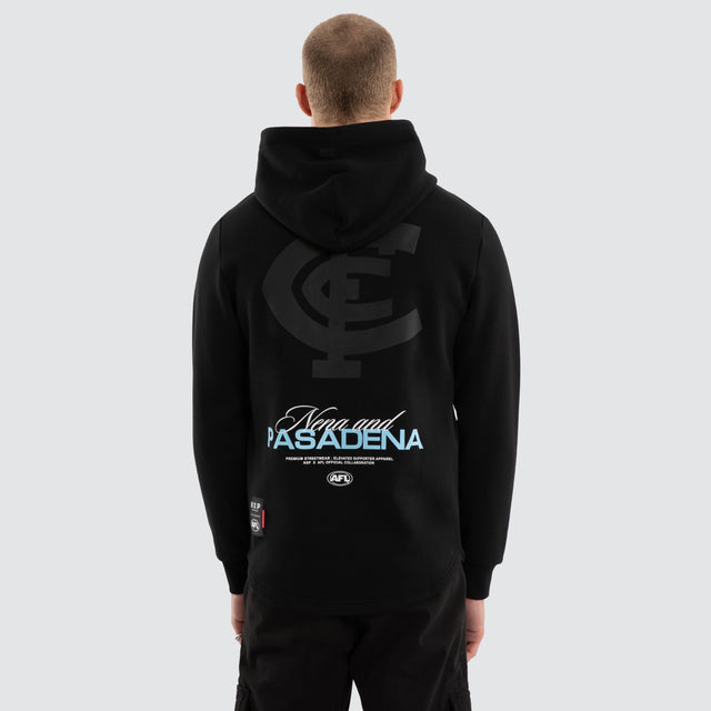 Model wears Carlton Blues AFL Recovery Hoodie Jet Black Hoodies in Black - Image 2