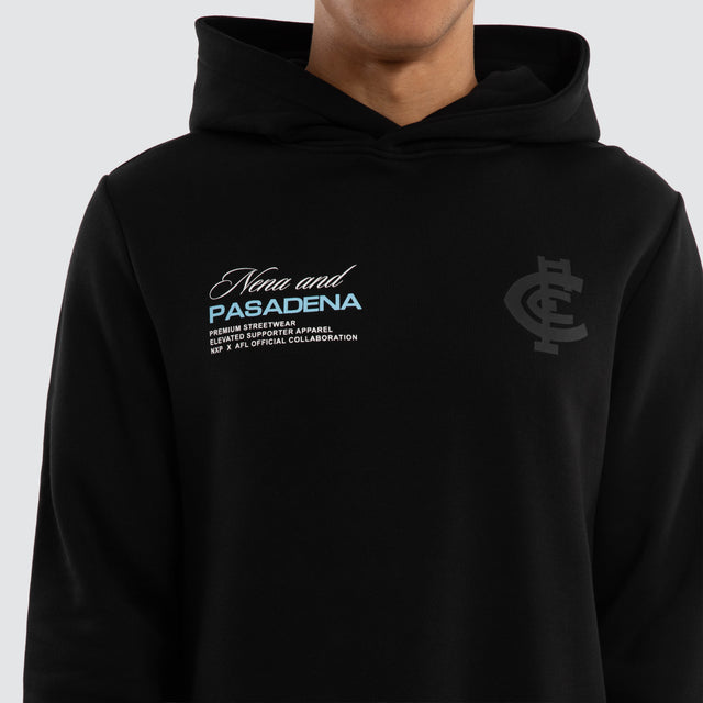 Model wears Carlton Blues AFL Recovery Hoodie Jet Black Hoodies in Black - Image 3