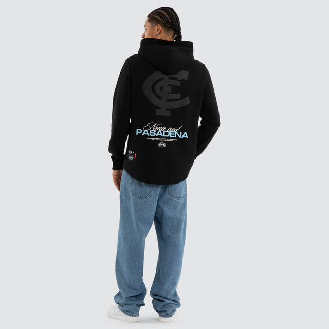Model wears Carlton Blues AFL Recovery Hoodie Jet Black Hoodies in Black - Image 4