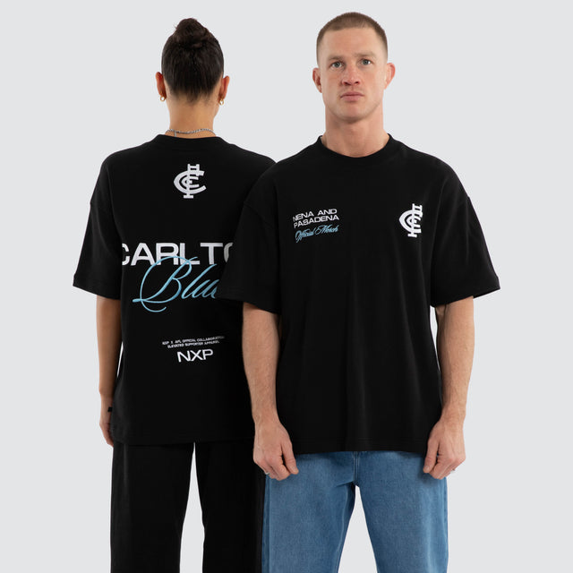 Model wears Carlton Blues AFL Advance Raptor Tee Jet Black T-Shirts in Black - Image 1