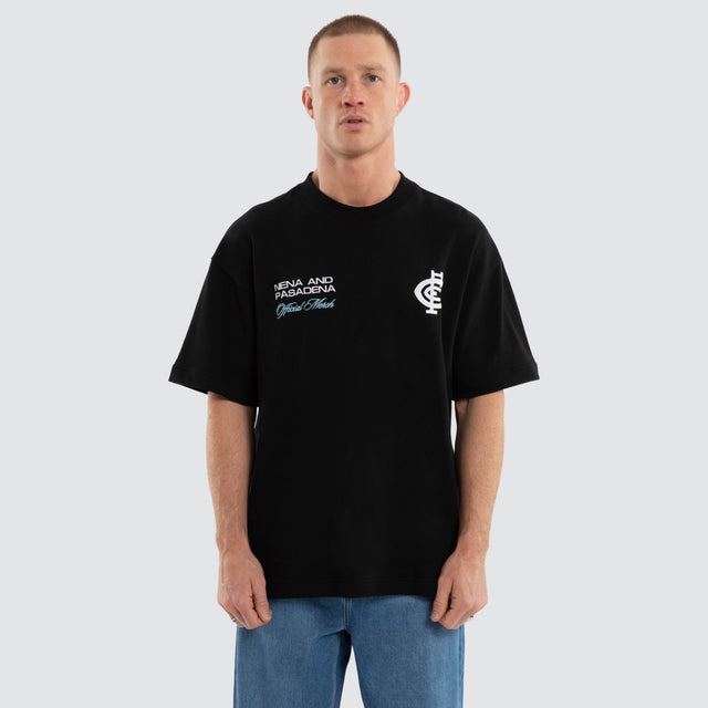 Model wears Carlton Blues AFL Advance Raptor Tee Jet Black T-Shirts in Black - Image 3