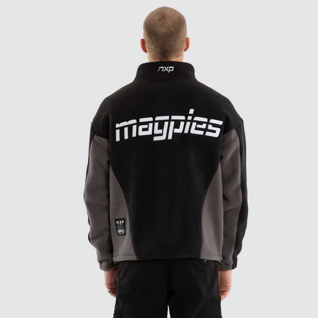 Model wears Collingwood Magpies AFL Defence Pullover Black & Grey Jumpers in Grey - Image 2