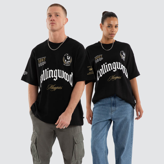 Model wears Collingwood Magpies AFL Gold Raptor Tee Jet Black T-Shirts in Black - Image 3