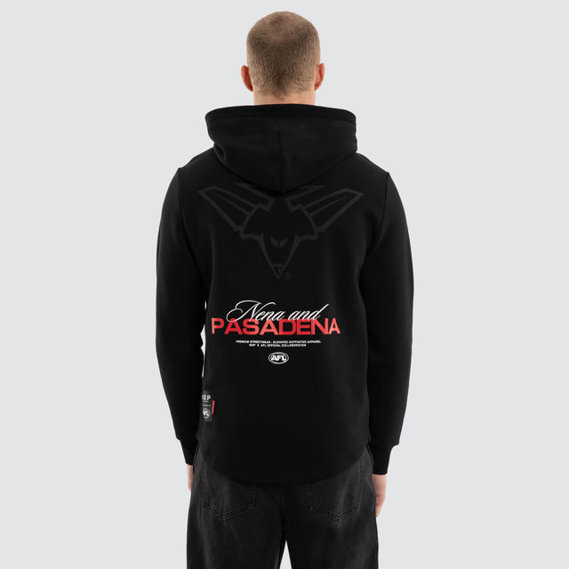 Model wears Essendon Bombers AFL Recovery Hoodie Jet Black Hoodies in Black - Image 1