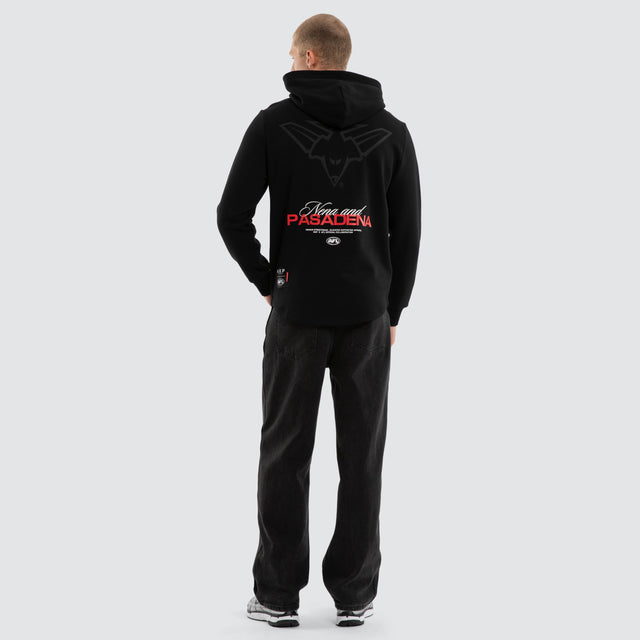 Model wears Essendon Bombers AFL Recovery Hoodie Jet Black Hoodies in Black - Image 5