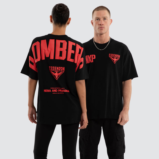 Model wears Essendon Bombers AFL Archive Raptor Tee Jet Black T-Shirts in Black - Image 3