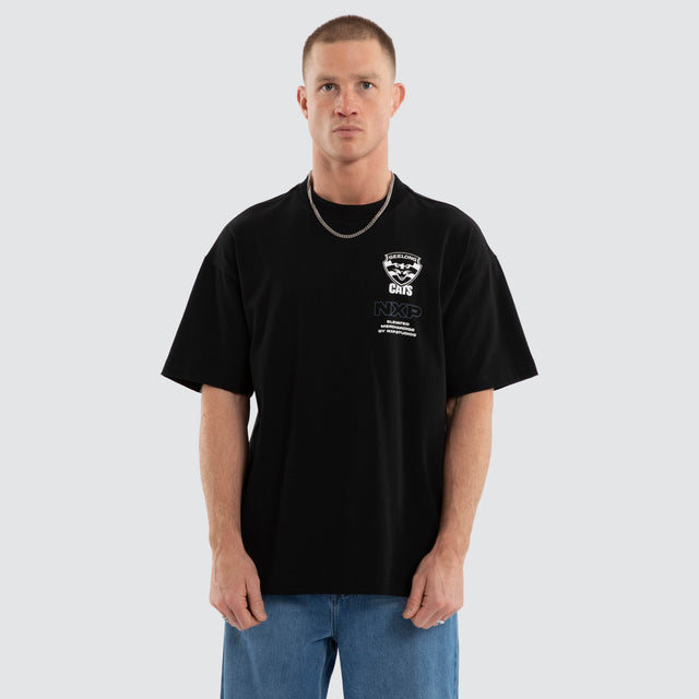 Model wears Geelong Cats AFL Sticker Raptor Tee Jet Black T-Shirts in Black - Image 2
