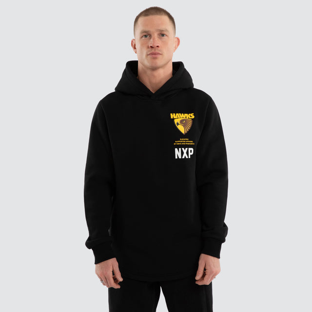 Model wears Hawthorn Hawks AFL Trophy Curved Hem Hoodie Jet Black Hoodies in Black - Image 2