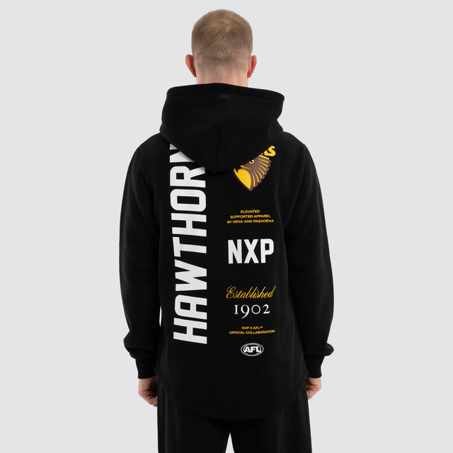 Model wears Hawthorn Hawks AFL Trophy Curved Hem Hoodie Jet Black Hoodies in Black - Image 1