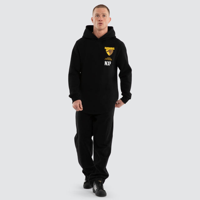 Model wears Hawthorn Hawks AFL Trophy Curved Hem Hoodie Jet Black Hoodies in Black - Image 5