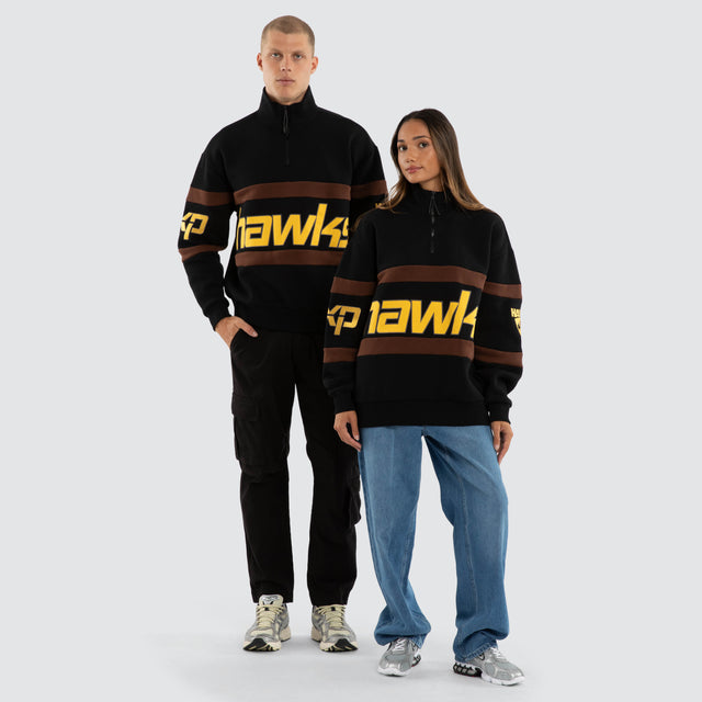 Model wears Hawthorn Hawks AFL Allied Pullover Jet Black Jumpers in Black - Image 5