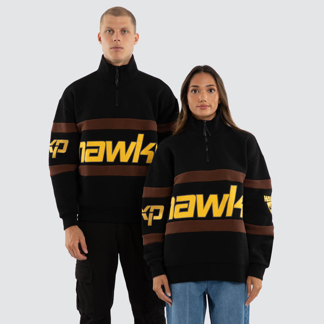 Model wears Hawthorn Hawks AFL Allied Pullover Jet Black Jumpers in Black - Image 1