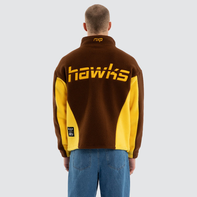 Model wears Hawthorn Hawks AFL Defence Pullover Brown & Yellow Jumpers in Brown - Image 3