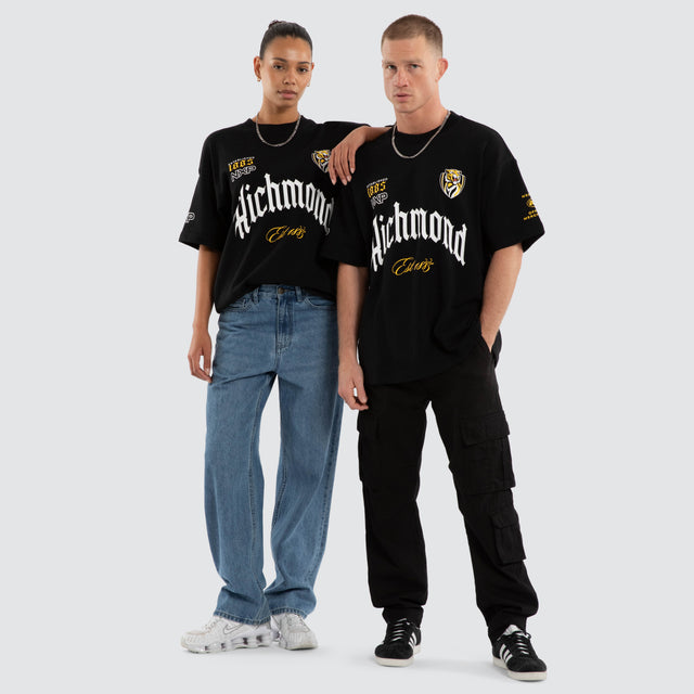 Model wears Richmond Tigers AFL Gold Raptor Tee Jet Black T-Shirts in Black - Image 4