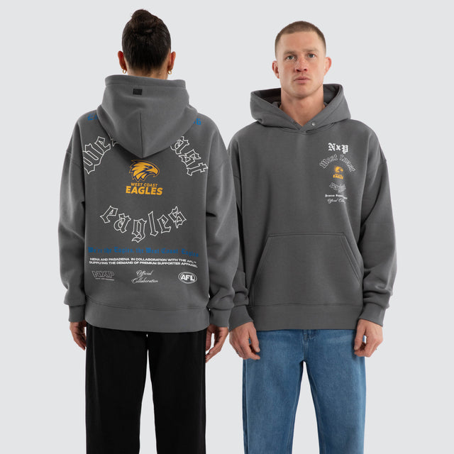 Model wears West Coast Eagles AFL Tag Box Fit Hoodie Grey Hoodies in Grey - Image 1