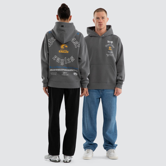 Model wears West Coast Eagles AFL Tag Box Fit Hoodie Grey Hoodies in Grey - Image 4