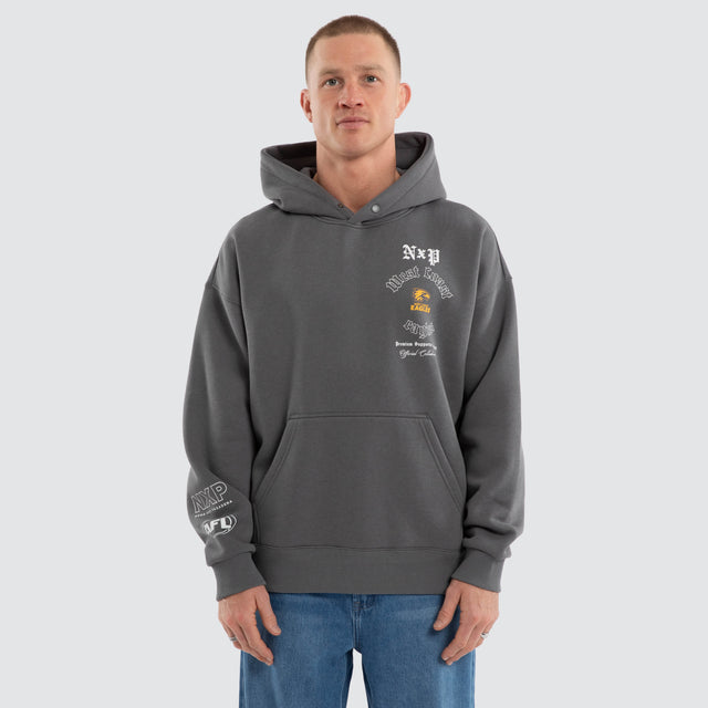 Model wears West Coast Eagles AFL Tag Box Fit Hoodie Grey Hoodies in Grey - Image 3