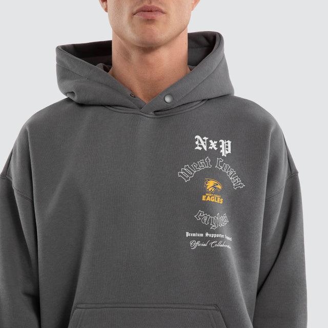 Model wears West Coast Eagles AFL Tag Box Fit Hoodie Grey Hoodies in Grey - Image 5