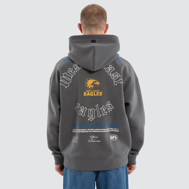 Model wears West Coast Eagles AFL Tag Box Fit Hoodie Grey Hoodies in Grey - Image 2