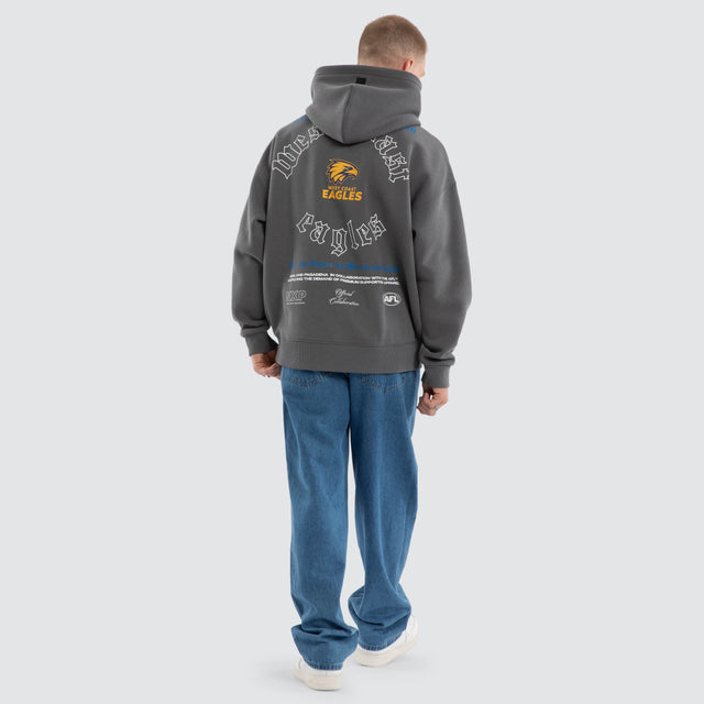 Model wears West Coast Eagles AFL Tag Box Fit Hoodie Grey Hoodies in Grey - Image 6