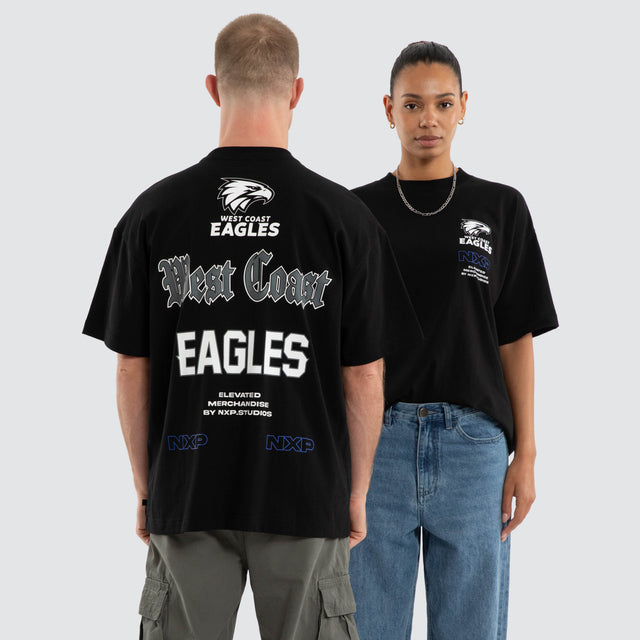 Model wears West Coast Eagles AFL Sticker Raptor Tee Jet Black T-Shirts in Black - Image 1