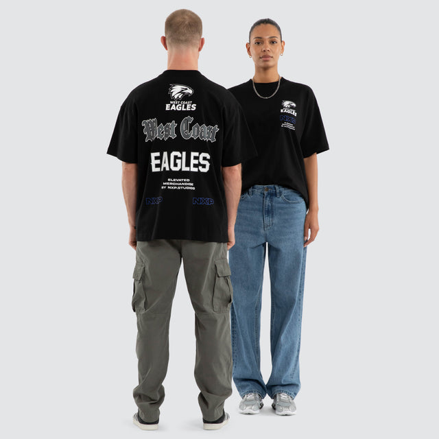 Model wears West Coast Eagles AFL Sticker Raptor Tee Jet Black T-Shirts in Black - Image 4