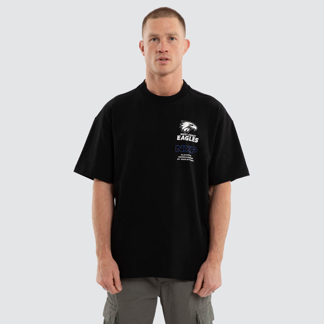 Model wears West Coast Eagles AFL Sticker Raptor Tee Jet Black T-Shirts in Black - Image 3