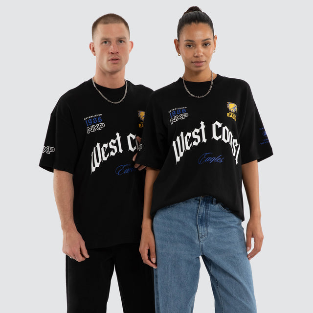 Model wears West Coast Eagles AFL Gold Raptor Tee Jet Black T-Shirts in Black - Image 3