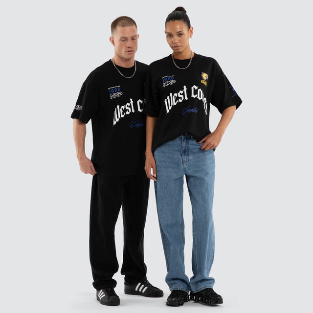 Model wears West Coast Eagles AFL Gold Raptor Tee Jet Black T-Shirts in Black - Image 4