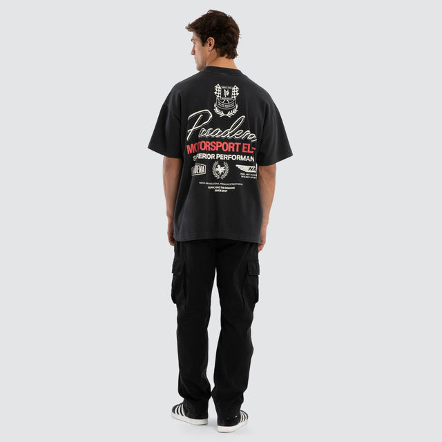 Model wears Downforce Raptor Tee Pigment Anthracite Black T-Shirts in Black - Image 5
