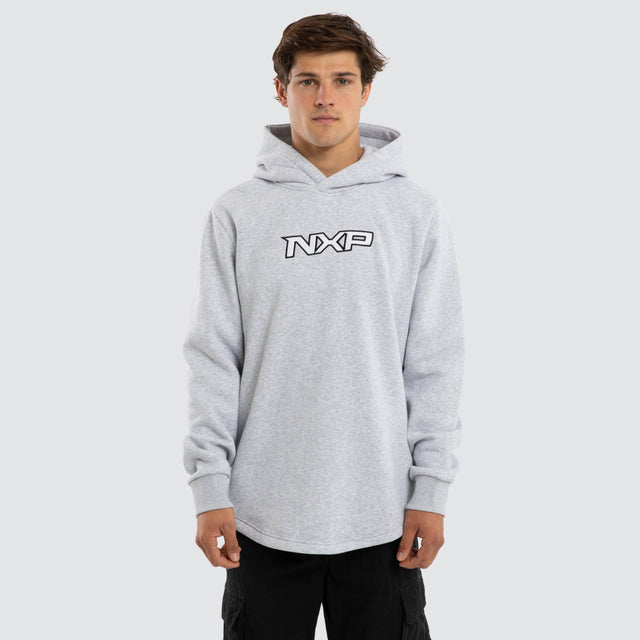 Model wears Podium Curved Hem Hoodie Grey  Hoodies in Grey - Image 1