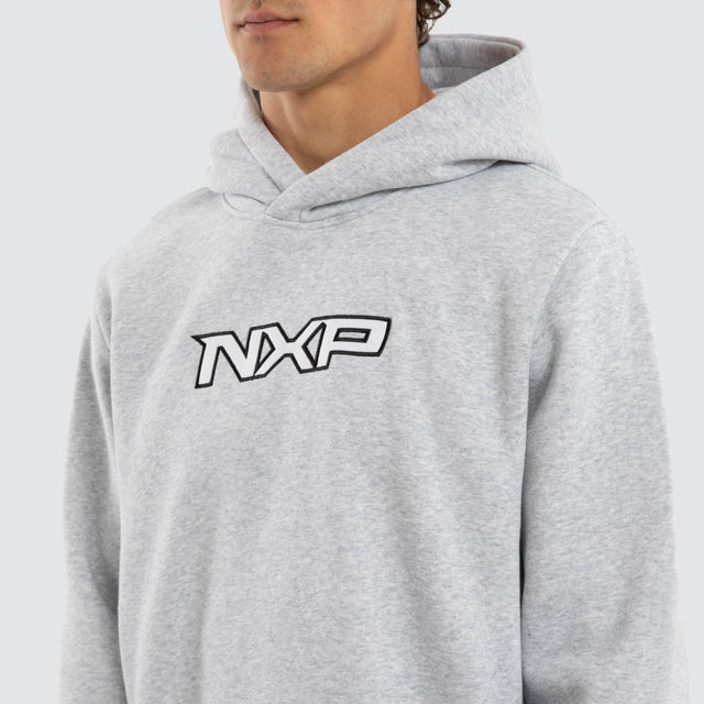 Model wears Podium Curved Hem Hoodie Grey  Hoodies in Grey - Image 3