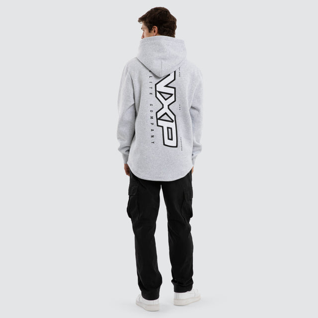 Model wears Podium Curved Hem Hoodie Grey  Hoodies in Grey - Image 4