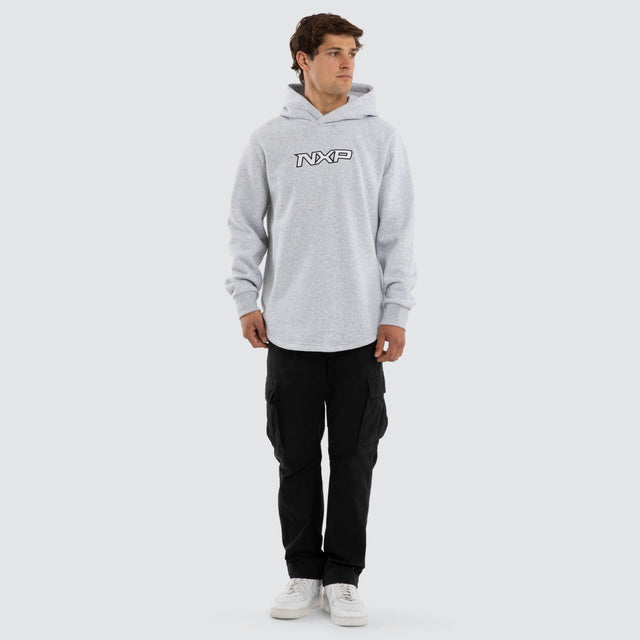 Model wears Podium Curved Hem Hoodie Grey  Hoodies in Grey - Image 5