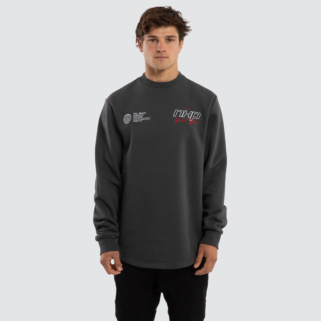 Model wears Moderate Curved Hem Sweater Grey  Jumpers in Grey - Image 1