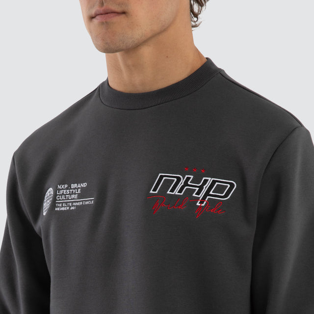 Model wears Moderate Curved Hem Sweater Grey  Jumpers in Grey - Image 3