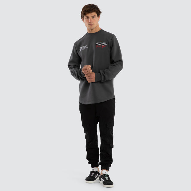 Model wears Moderate Curved Hem Sweater Grey  Jumpers in Grey - Image 5
