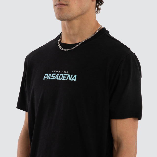 Model wears System Curved Hem T-Shirt Black  T-Shirts in Black - Image 3