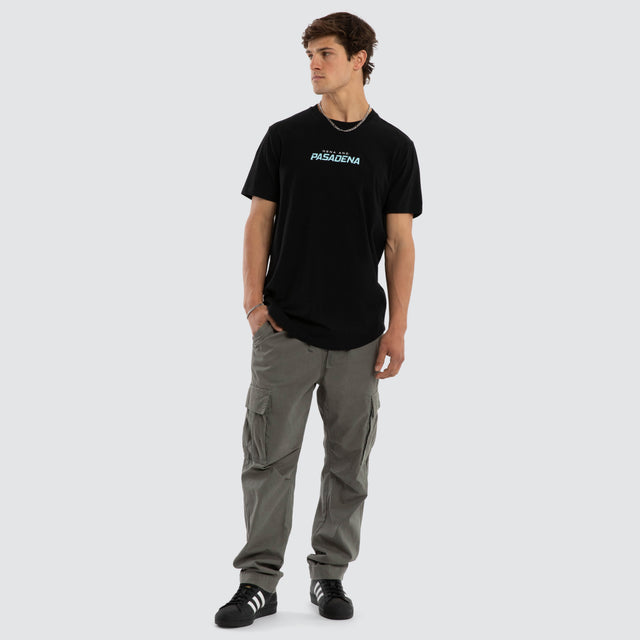 Model wears System Curved Hem T-Shirt Black  T-Shirts in Black - Image 5