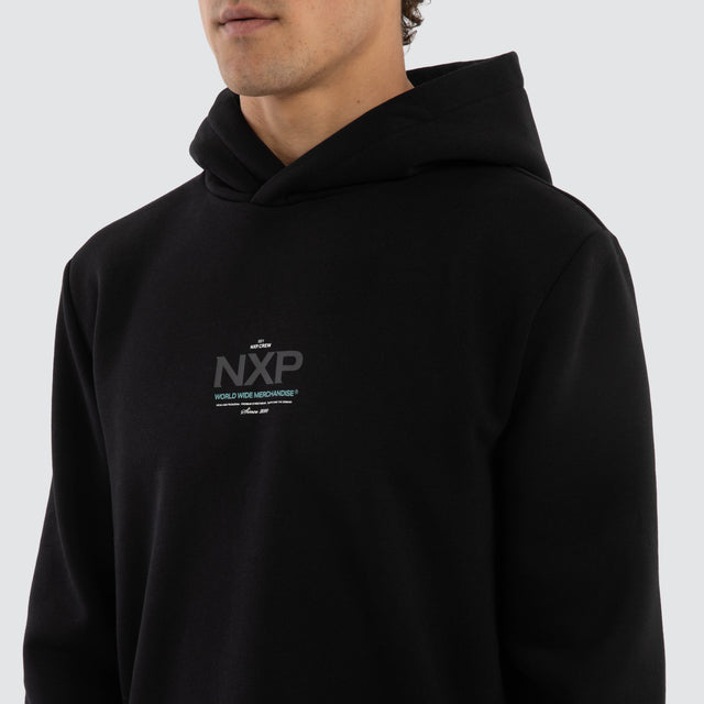 Model wears Peak Dual Curved Hoodie Jet Black Hoodies  – image 4