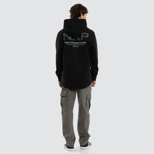 Model wears Peak Dual Curved Hoodie Jet Black Hoodies  – image 2
