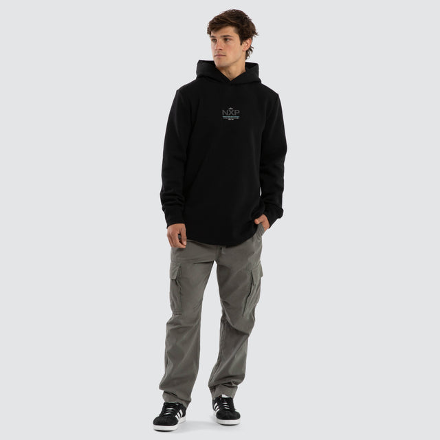 Model wears Peak Dual Curved Hoodie Jet Black Hoodies  – image 5