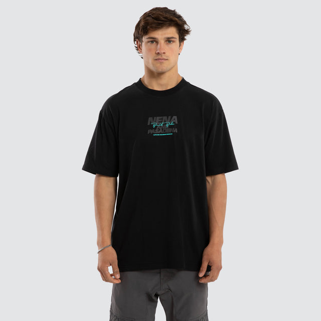Model wears Hybrid Box Fit Tee Black  T-Shirts in Black - Image 1