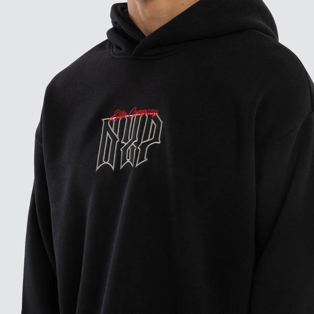 Model wears Motion Relax Curved Hem Hoodie Black  Hoodies in Black - Image 3