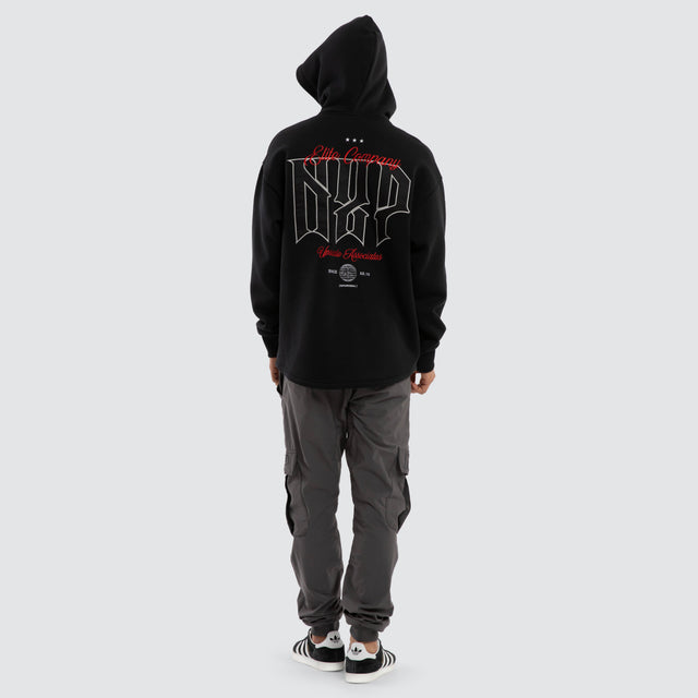 Model wears Motion Relax Curved Hem Hoodie Black  Hoodies in Black - Image 5