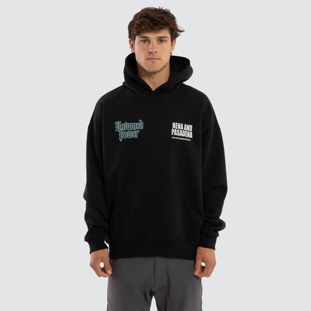 Model wears Mercy Box Fit Hoodie Black  Hoodies in Black - Image 1