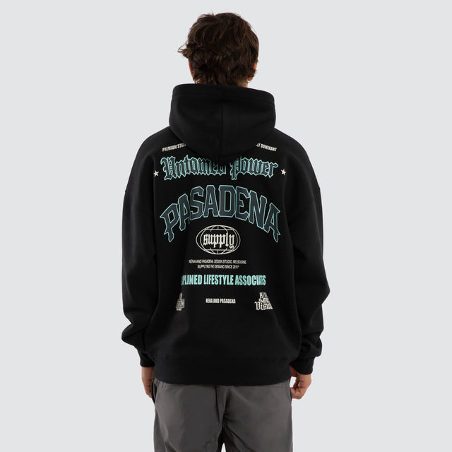 Model wears Mercy Box Fit Hoodie Black  Hoodies in Black - Image 2