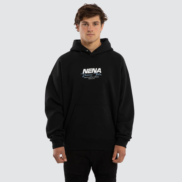 Model wears Network Box Fit Hoodie Anthracite Black Hoodies  – image 3